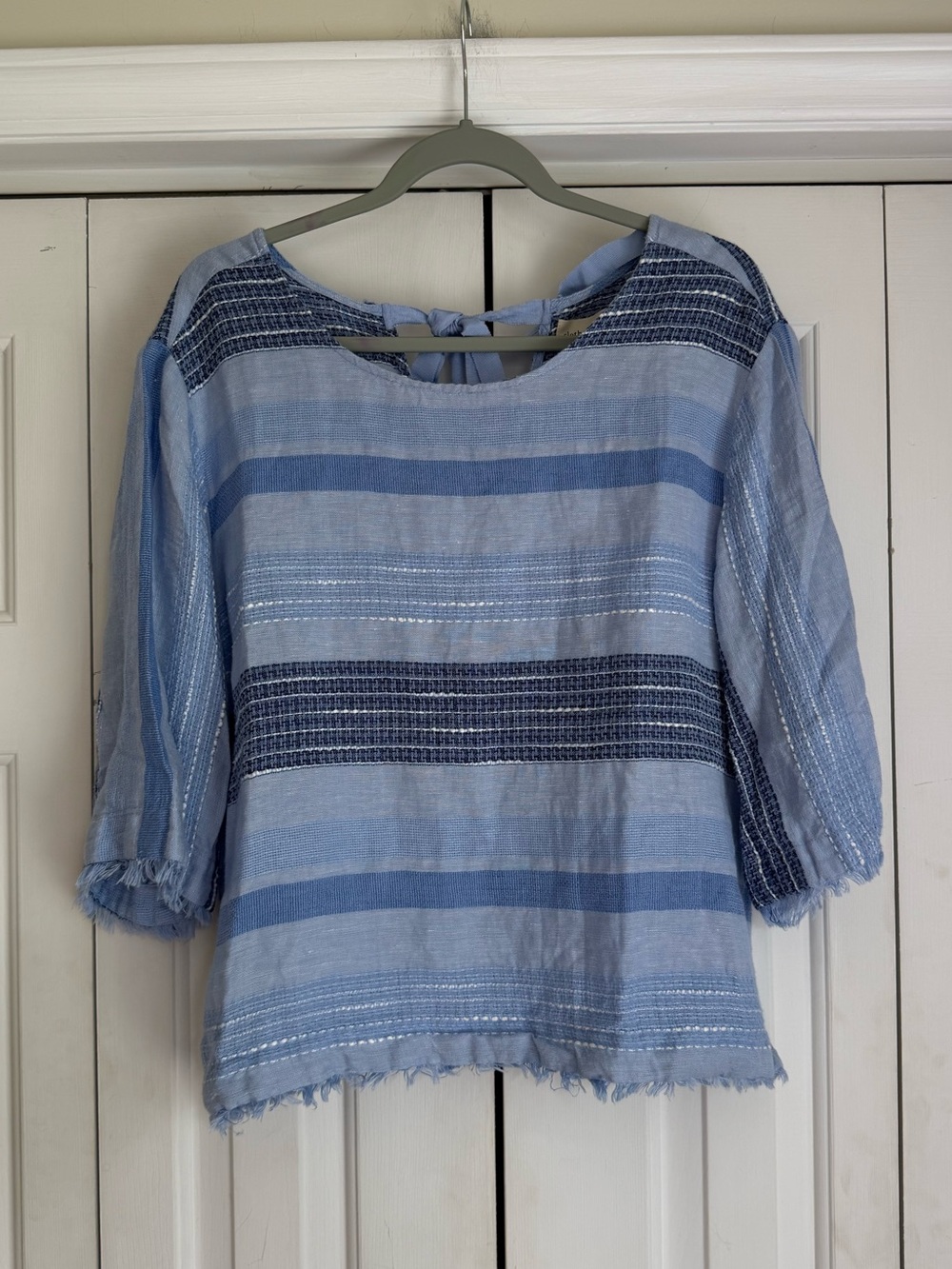 Cloth & Stone Women’s Blouse Top Blue Linen Blend Stripe Ribbon Tie Back Size M